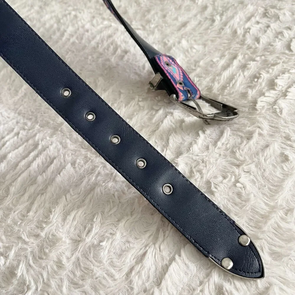 Vintage Nuovo Blue Pink Western Belt Southwestern Boho Silver Buckle 27.5 - 31.5